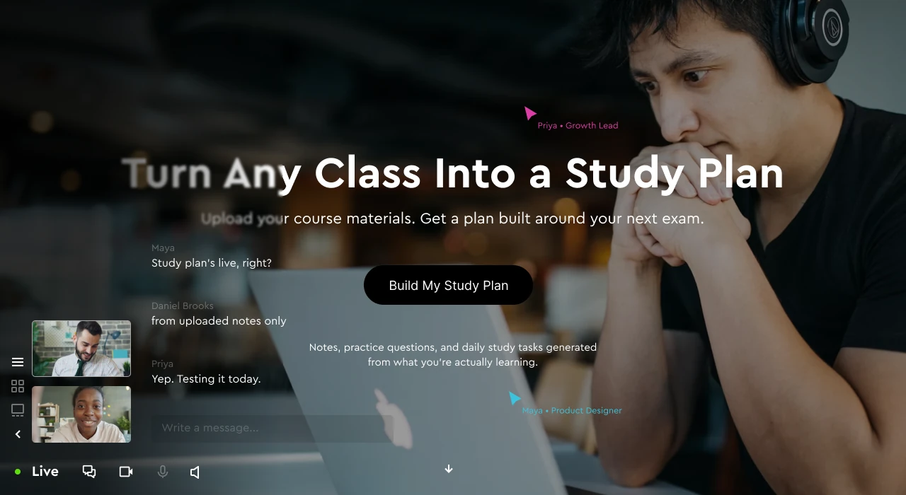 A course site open in Pixy during a live meeting: two teammates' cursors sit on the hero, their video tiles and chat run down the left, and the heading is being edited on the page while they talk.